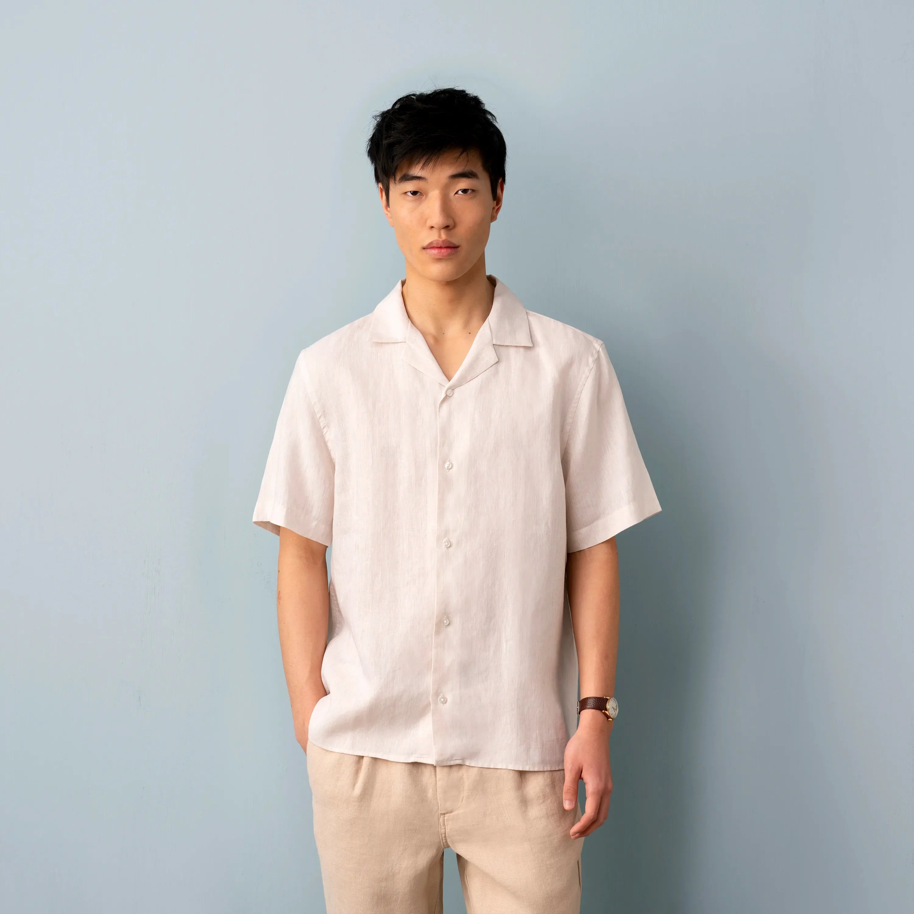 Camp-Collar Linen Shirt Sand - Natural Linen | ISTO.