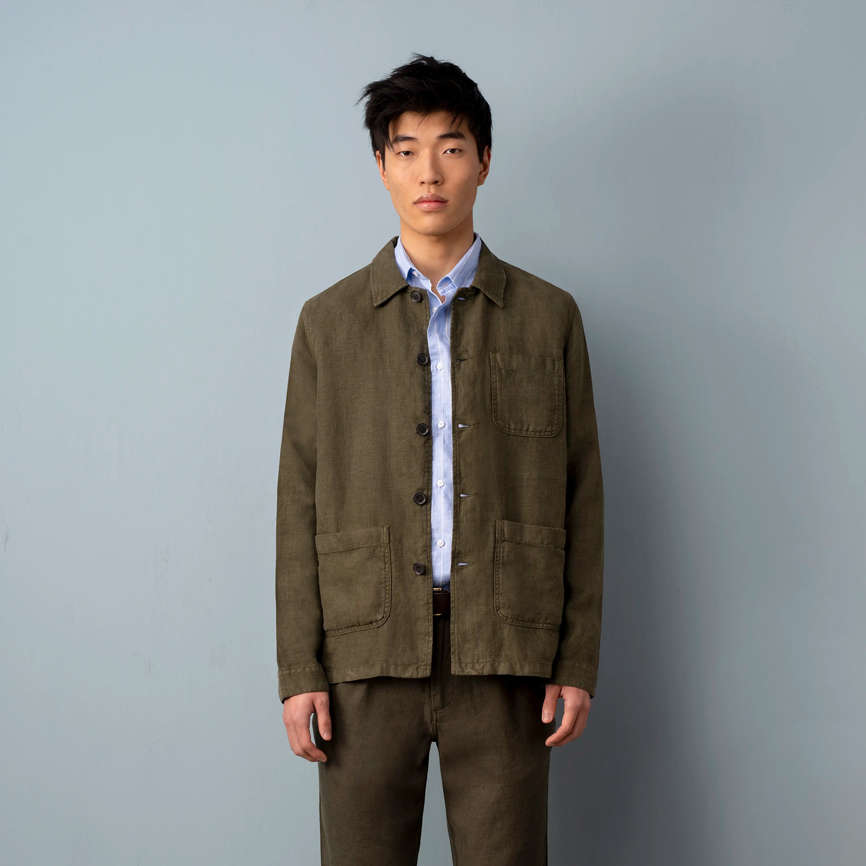 Linen Work Jacket Olive Green - 100% Natural Linen | ISTO.