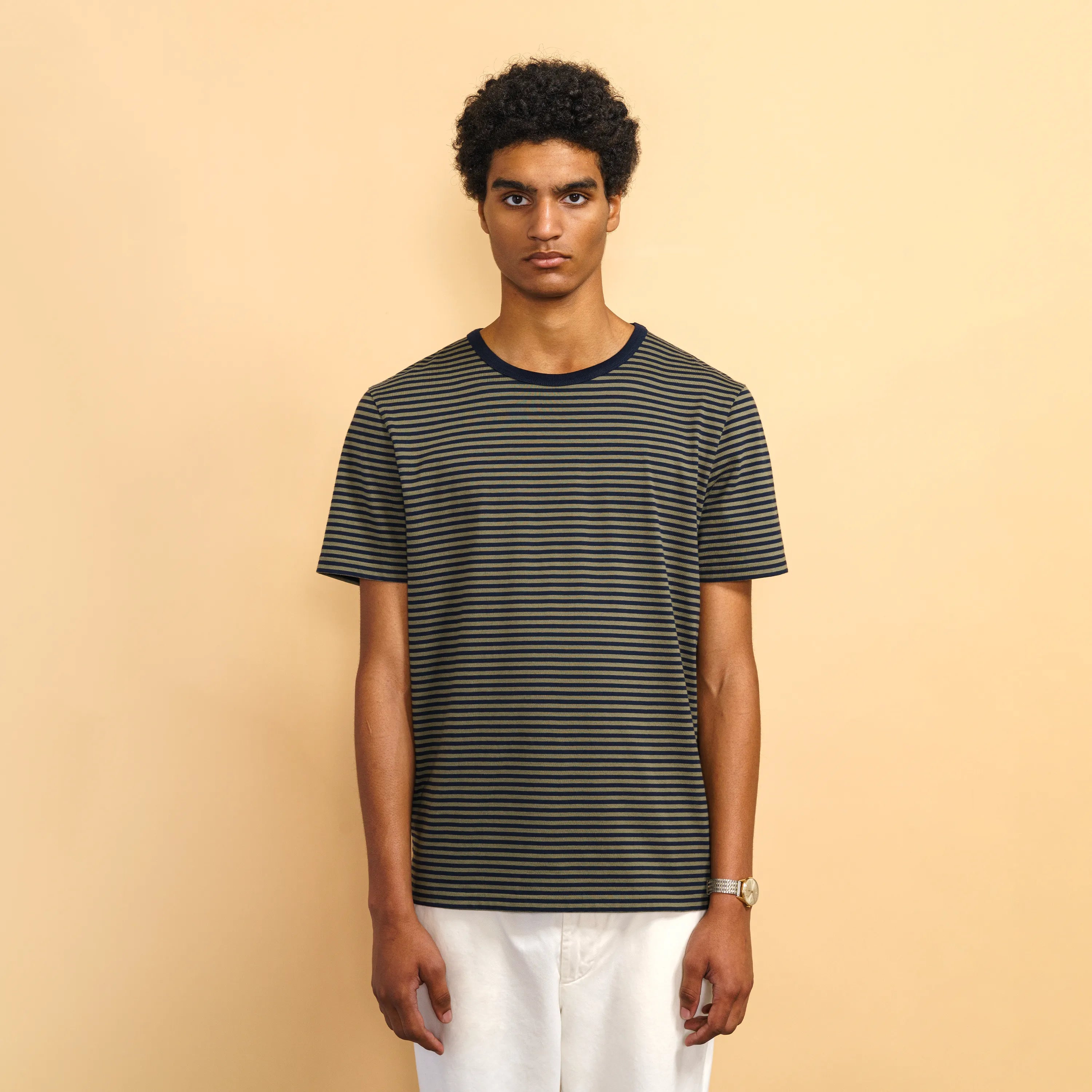 Men s Striped Classic T Shirt Green White Organic Cotton ISTO